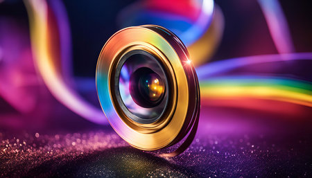 A macro photograph of a camera lens with a rainbow light effect. The lens is surrounded by glitter and light streaks.の写真素材
