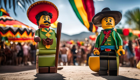 Two Lego figures wearing Mexican outfits and sombreros are standing in front of a blurred background of people and a festive atmosphere. The figures are smiling and appear to be enjoying themselves.の写真素材