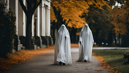 Two figures in white ghost costumes walk along a path through an autumn park. The leaves are falling and the atmosphere is spooky and eerie.の写真素材