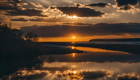 A serene sunset over a still body of water, the golden light reflects off the surface, creating a mesmerizing spectacle. Dark trees silhouette against the horizon, adding a sense of peace and tranquility.の写真素材