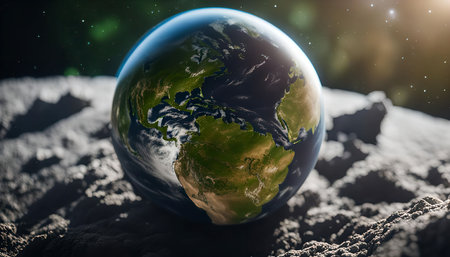 A 3d render of earth in outer space, with stars and a sun shining in the background.の写真素材