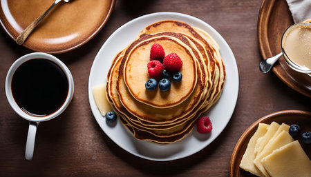 A top view of a stack of pancakes on a white plate, surrounded by a cup of coffee, a plate of cheese, and berries. The pancakes are topped with fresh raspberries and blueberries.の写真素材