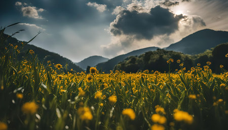 A field of yellow wildflowers blooms against a backdrop of green mountains and a bright blue sky with fluffy white clouds. The sun shines brightly through the clouds, casting a warm glow on the scene.の写真素材