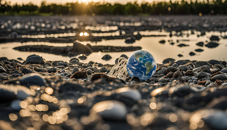 A miniature globe rests on a bed of dry stones, surrounded by shallow pools of water. The image evokes a sense of environmental vulnerability and the precarious state of our planet.の写真素材