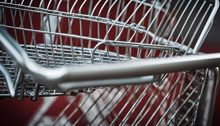 A close-up shot of a shopping cart, showing the intricate metal structure and wire grid.の写真素材
