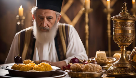 A close-up portrait of an elderly man with a beard in a religious setting, possibly a priest or religious leader, sitting at a table with traditional food and a golden chalice. A candle is burning in the background, enhancing the atmosphere of spirituality and tradition.の写真素材