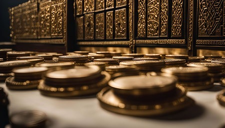 A close-up shot of a pile of golden coins stacked before an ornate wooden cabinet. The coins are shiny and round, and the cabinet is decorated with intricate carvings.の写真素材
