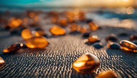 Close up shot of golden pebbles on a sandy beach, bathed in the warm light of the sunset, creating a serene and peaceful scene.の写真素材