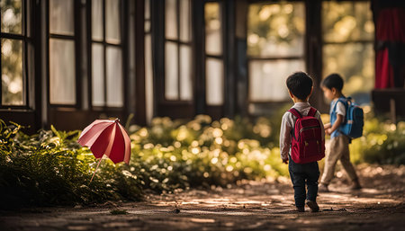 Two young children, one wearing a red backpack and the other a blue backpack, walk away from an abandoned building with a red umbrella lying on the ground in front of them.の写真素材