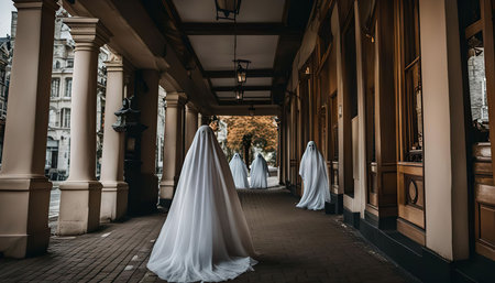 A group of people dressed as ghosts walk through a covered courtyard. The ghosts are all in white sheets and they are walking in a line. The courtyard is dark and gloomy and the ghosts add to the eerie atmosphere.の写真素材