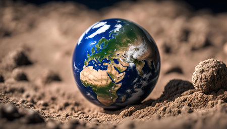 A close-up shot of a miniature Earth globe resting on a barren, dusty surface. The image evokes a sense of fragility and vulnerability of our planet, highlighting the need for environmental protection and sustainable practices.の写真素材