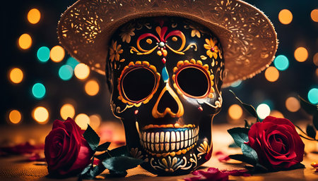 A colorful sugar skull with intricate decorations and a sombrero is shown against a background of bokeh lights. The skull is surrounded by red roses, symbolizing life and love. This image captures the essence of the Day of the Dead celebration.の写真素材
