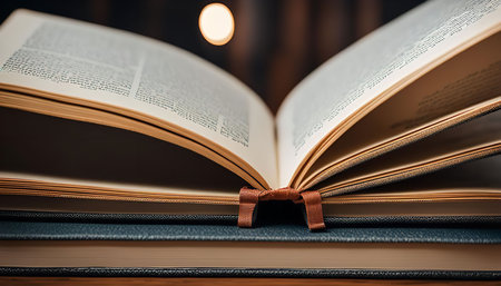A close-up image of an open book with a blurred background. The book's pages are turned to reveal the text inside, and a brown bookmark is visible.の写真素材