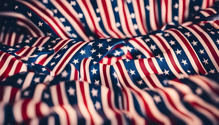 A close-up shot of an American flag, showing its vibrant colors and intricate design. The stars and stripes are prominently displayed, creating a powerful symbol of patriotism and national pride.の写真素材
