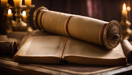 A close-up shot of an open book and a rolled scroll, lit by warm candlelight. The scroll appears to be a Torah scroll, with Hebrew writing visible. The scene evokes a sense of reverence and tradition.の写真素材