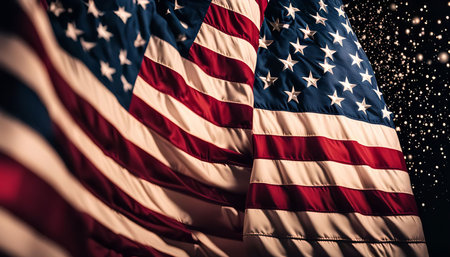 A close-up shot of the American flag waving proudly in the wind, with a dark background of blurred lights.の写真素材
