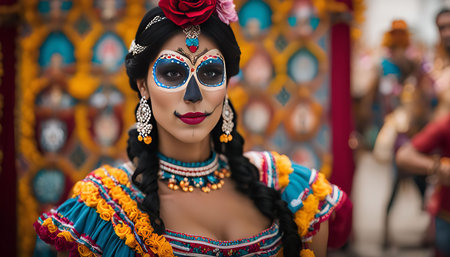 A woman with colorful Day of the Dead makeup, looking at the camera, wearing a traditional mexican dress, standing in front of a colorful background.の写真素材
