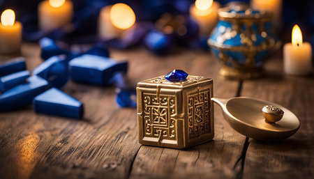 A close up of a golden box with a blue gemstone on a wooden table with candles in the background. It has a sense of mystery, magic, and antique charm.の写真素材