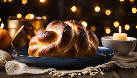 A delicious challah bread is displayed on a plate, illuminated by warm candlelight and bokeh lights.の写真素材
