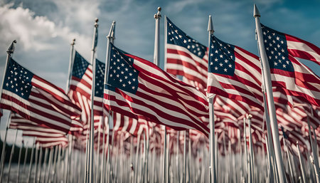 A vibrant display of American flags waving proudly in the wind. The flags are arranged in a row, creating a powerful and patriotic image.の写真素材