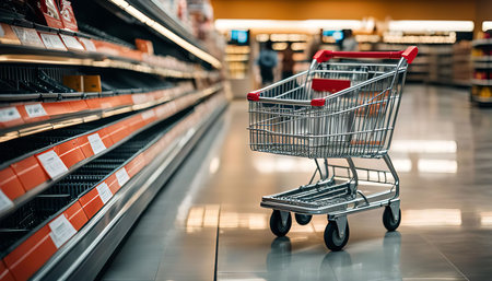 A shopping cart stands alone in an empty supermarket aisle. The shelves are bare, suggesting that the store is closed or out of stock.の写真素材