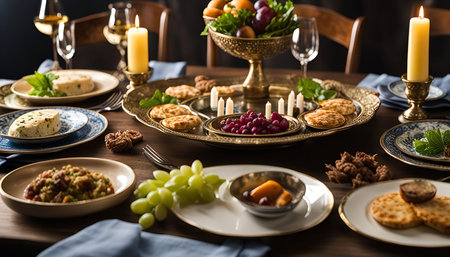 A beautifully set table with fresh fruit, cheese, bread, and candles for a luxurious and elegant...