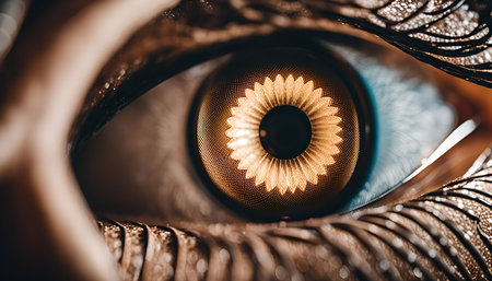 A close-up shot of a human eye, capturing intricate details of the iris with a stunning sunflower pattern. The image highlights the beauty and complexity of the human eye.の写真素材