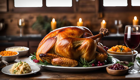 A golden-brown roasted turkey sits on a platter surrounded by delicious side dishes and a glass of wine, perfect for a Thanksgiving celebration.の写真素材