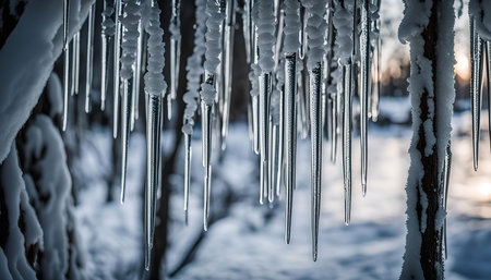 A close-up of icicles hanging from a snow-covered tree branch, creating a beautiful and delicate winter scene.の写真素材
