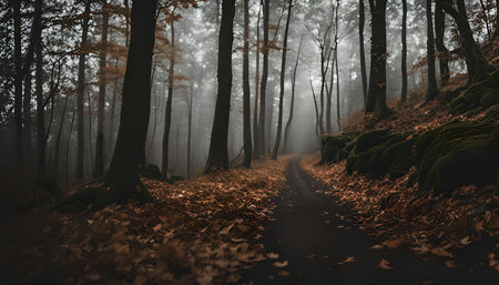 A winding path in a forest, shrouded in fog, with leaves on the ground and tall trees on either side. The scene evokes a sense of mystery and tranquility.の写真素材