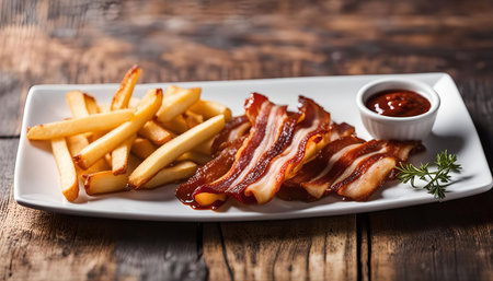 A plate of crispy bacon with french fries and a side of sauce.の写真素材
