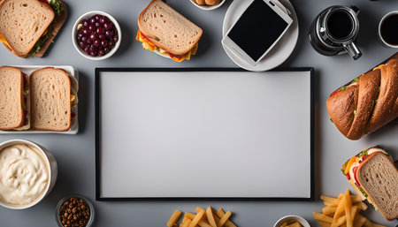 A flat lay of food and drinks with a blank frame in the center. The image includes sandwiches, fries, berries, coffee, and a phone.の写真素材