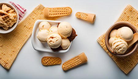 A top view of two bowls of vanilla ice cream with waffle cones. The ice cream is scooped into two bowls and surrounded by waffle conesの写真素材