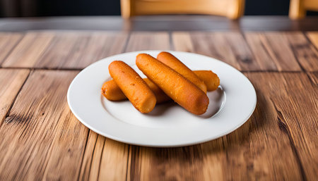 Close up shot of fried bread sticks on a white plate on a wooden table. They look delicious and golden brown.の写真素材