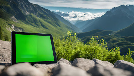 A tablet computer with a green screen rests on a rock with a panoramic view of a lush mountain landscape. The sky is bright with fluffy white clouds. The scenery evokes a sense of tranquility and inspires adventure.の写真素材