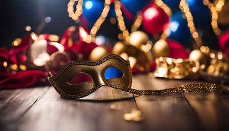 A close up shot of a golden Venetian mask lying on a wooden table with blurred carnival decorations in the background.の写真素材