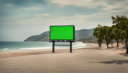 A large billboard stands on a sandy beach, overlooking a tropical ocean. The sign is green screen, perfect for mockups and advertisements.の写真素材