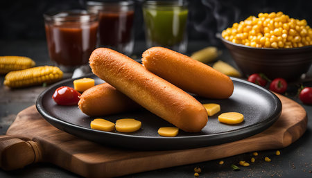 Close-up of a plate of delicious corn dogs with corn kernels and tomatoes, a perfect snack for any occasion.の写真素材