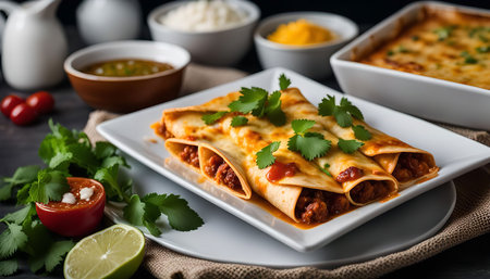 Three enchiladas on a white plate. The enchiladas are filled with a meat and cheese mixture, topped with sauce, and garnished with cilantro. The plate is sitting on a burlap placemat.の写真素材
