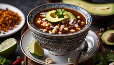 A close up photo of a steaming bowl of Mexican pozole soup topped with avocado, cilantro, radish, and lime. The soup is red and flavorful, and is served in a blue and white ceramic bowl.の写真素材