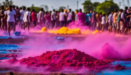 A vibrant Holi celebration with people throwing colorful powder in the air, creating a colorful and festive atmosphere.の写真素材