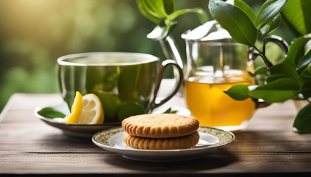 A cup of green tea with a lemon slice, accompanied by cookies and a teapot. A beautiful still life capturing the refreshing essence of tea time.の写真素材