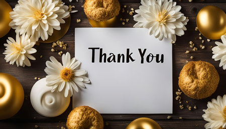A white card with the words 'Thank you' written on it surrounded by white flowers and golden balls on a wooden surface.の写真素材