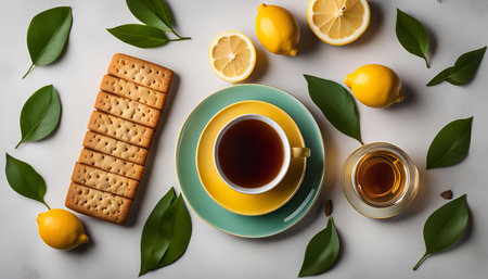 A top view of a cup of tea, a saucer with lemon slices, biscuits, and leaves arranged in a flat lay composition on a white background. This image is perfect for representing refreshment and relaxation.の写真素材