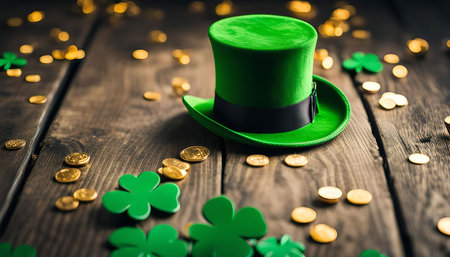 A green leprechaun hat sits on a wooden table surrounded by golden coins and shamrocks, celebrating...