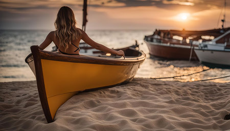 A woman sits in a yellow boat on a sandy beach, watching the sunset over the ocean.の写真素材