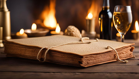 A close-up of an old, worn book lying on a wooden table, illuminated by warm candlelight and the glow of a nearby fireplace.の写真素材