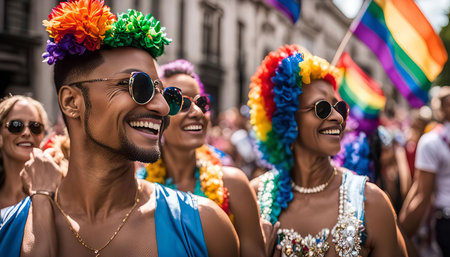 A joyous scene of people celebrating Pride, adorned in colorful attire and waving rainbow flags.の写真素材
