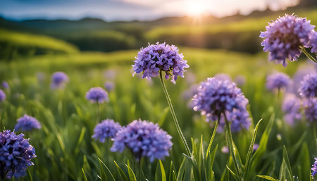 A beautiful field of purple wildflowers blooms in the golden light of a setting sun. The vibrant...