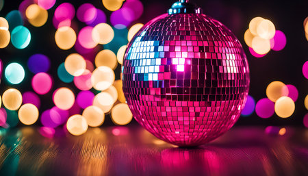 A close-up shot of a disco ball reflecting colorful lights, creating a festive and vibrant atmosphere.の写真素材